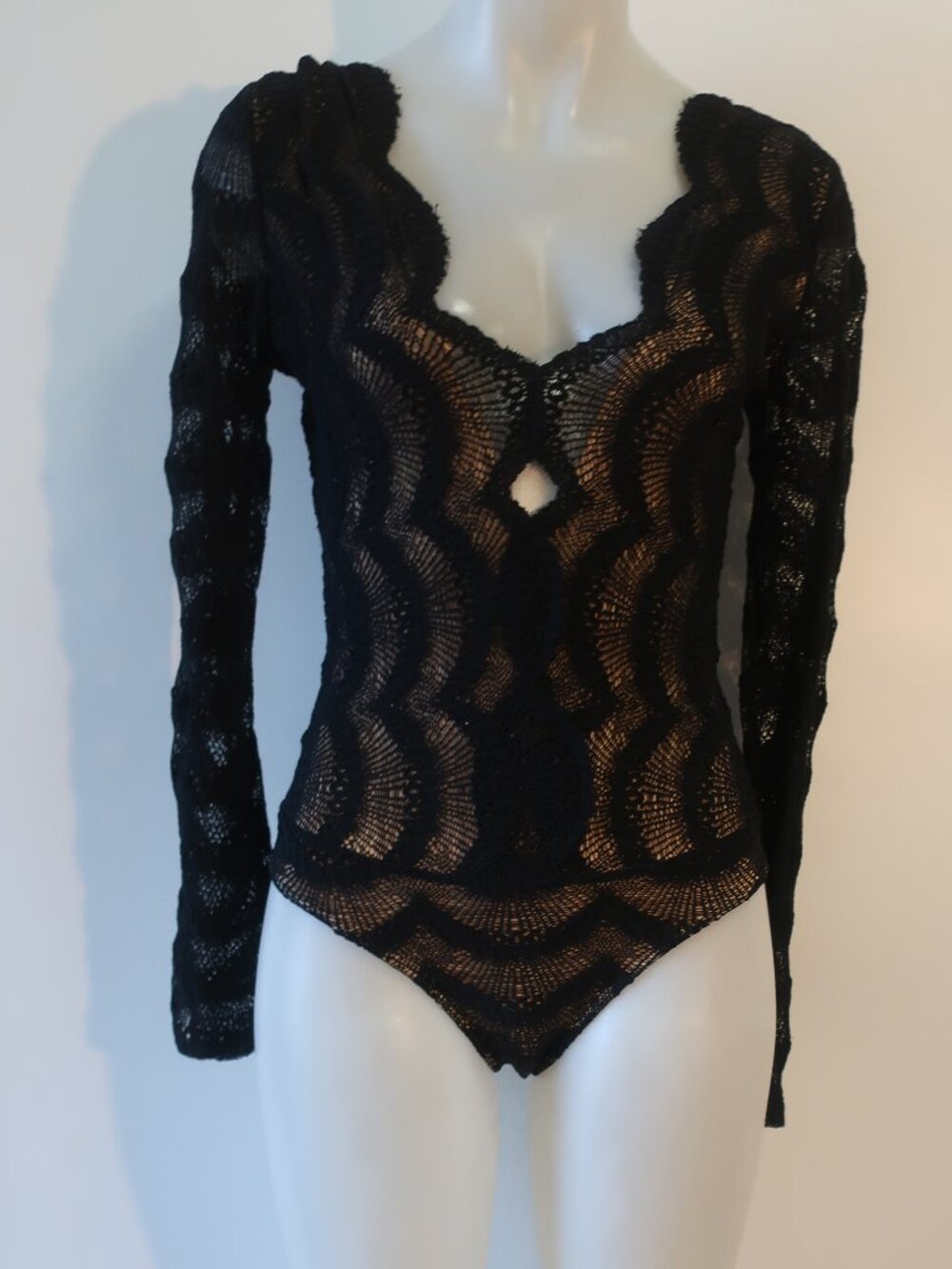 Womens Nightcap (Item-155) Black Nude Long Sleeve Scallop Lace Bodysuit Top 4